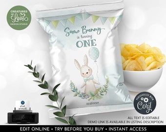 Editable Bunny Chip Bag Wrapper Bunny Birthday Party Favors Spring Easter Floral Chip Bag Template Printable Digital Download Corjl BBB1