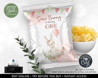 Editable Bunny Chip Bag Wrapper Bunny Birthday Party Favors Spring Easter Floral Chip Bag Template Printable Digital Download Corjl BBG1