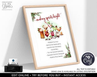 Editable Christmas Cocktail Menu Making Spirits Bright Drinks Sign Holiday Bar Menu Cocktail Table Board Holiday Bar Template Printable CHC