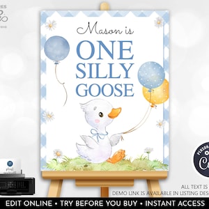 One Silly Goose Birthday Sign Editable Silly Goose Table Decor Blue Boy Goose First Birthday Party Custom Printable Digital Download OSG