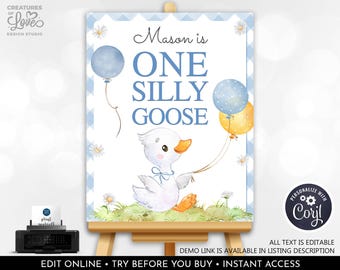 One Silly Goose Birthday Sign Editable Silly Goose Table Decor Blue Boy Goose First Birthday Party Custom Printable Digital Download OSG