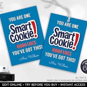 One Smart Cookie Test Day Snack Tag Editable Good Luck Test Tag Chocolate Chip Cookie Classroom Finals School PTO Test Label Printable GLT