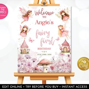 Editable Fairy Birthday Welcome Sign Fairy Garden Sign Whimsical Welcome Enchanted Forest Birthday Girl Pink Template PRINTABLE Corjl EFT