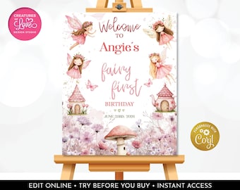 Editable Fairy Birthday Welcome Sign Fairy Garden Sign Whimsical Welcome Enchanted Forest Birthday Girl Pink Template PRINTABLE Corjl EFT