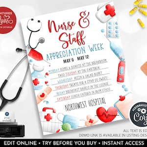 EDITABLE Nurse Appreciation Week Flyer Nurse & Healthcare Staff Appreciation Week Schedule Events Flyer Nurse Sign Printable Template NRS
