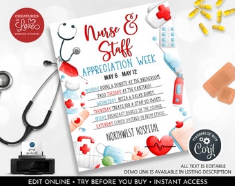 EDITABLE Nurse Appreciation Week Flyer Nurse & Healthcare Staff Appreciation Week Schedule Events Flyer Nurse Sign Printable Template NRS