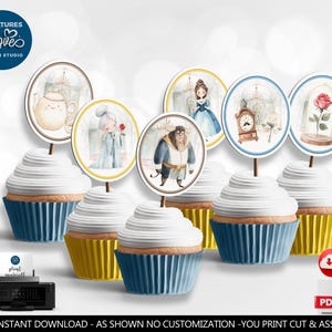 Beauty and the Beast Cupcake Toppers Beauty and the Beast Birthday Party Table Decor Royal Princess Belle Tag Digital Download PRINTABLE KBB