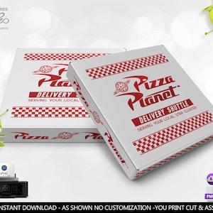 Étiquettes pour boîtes à pizza Toy Story Pizza Planet, décorations de table pour fête d'anniversaire Toy Story, logo Toy Story Pizza Planet à télécharger et à imprimer.