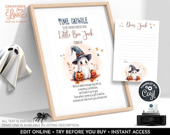 May include: Printable time capsule for a child's 18th birthday. The design features a cute ghost wearing a witch's hat and holding a pumpkin. The text reads "Time Capsule to be opened when our Little Boo Jack turns 18".