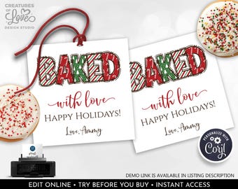 Baked with Love Tags Christmas Cookies Tag Cookie Exchange Tag Holiday Gift Tag Editable Custom Printable Christmas Tag Template Corjl CH