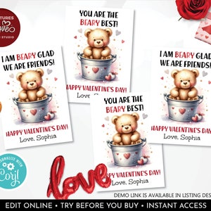 Editable Bear Valentine's Day Cards Teddy Bear Valentines Day Gift Tags School Kids Cards Classroom Exchange Printable Personalized Corjl VL