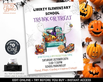 Editable Trunk or Treat Flyer Halloween Trick or Treat Event Flyer School Neighborhood Church Trunk or Treat Party Digital Download  HLW