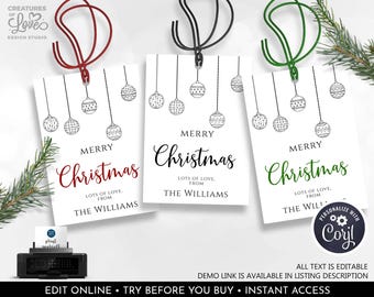 May include: Three printable Christmas gift tags with a black and white illustration of hanging ornaments. The tags are white with red, green, and black text. The text reads "Merry Christmas" with the option to personalize with a name and "Lots of Love, From".