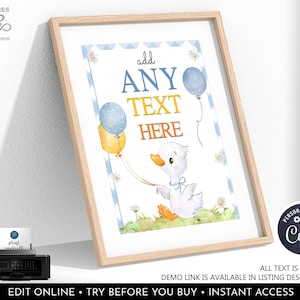 One Silly Goose Birthday Sign Editable Goose Table Decor Blue Boy Goose First Birthday Party Custom Printable Digital Download 8&quot;x10&quot; OSG