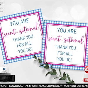 Könnte beinhalten: Zwei bedruckbare Geschenkanhänger mit einem blau-weiß karierten Muster. Der Text auf den Anhängern lautet "You are scent-sational. Thank you for all you do!"