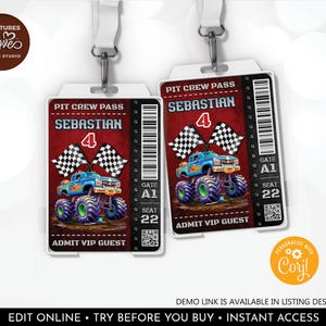 Può includere: Due pass per l'equipaggio della fossa di monster truck rosso e bianco con una grafica di monster truck blu, il testo "PIT CREW PASS", "SEBASTIAN", "4", "GATE A1", "SEAT 22" e "ADMIT VIP GUEST".
