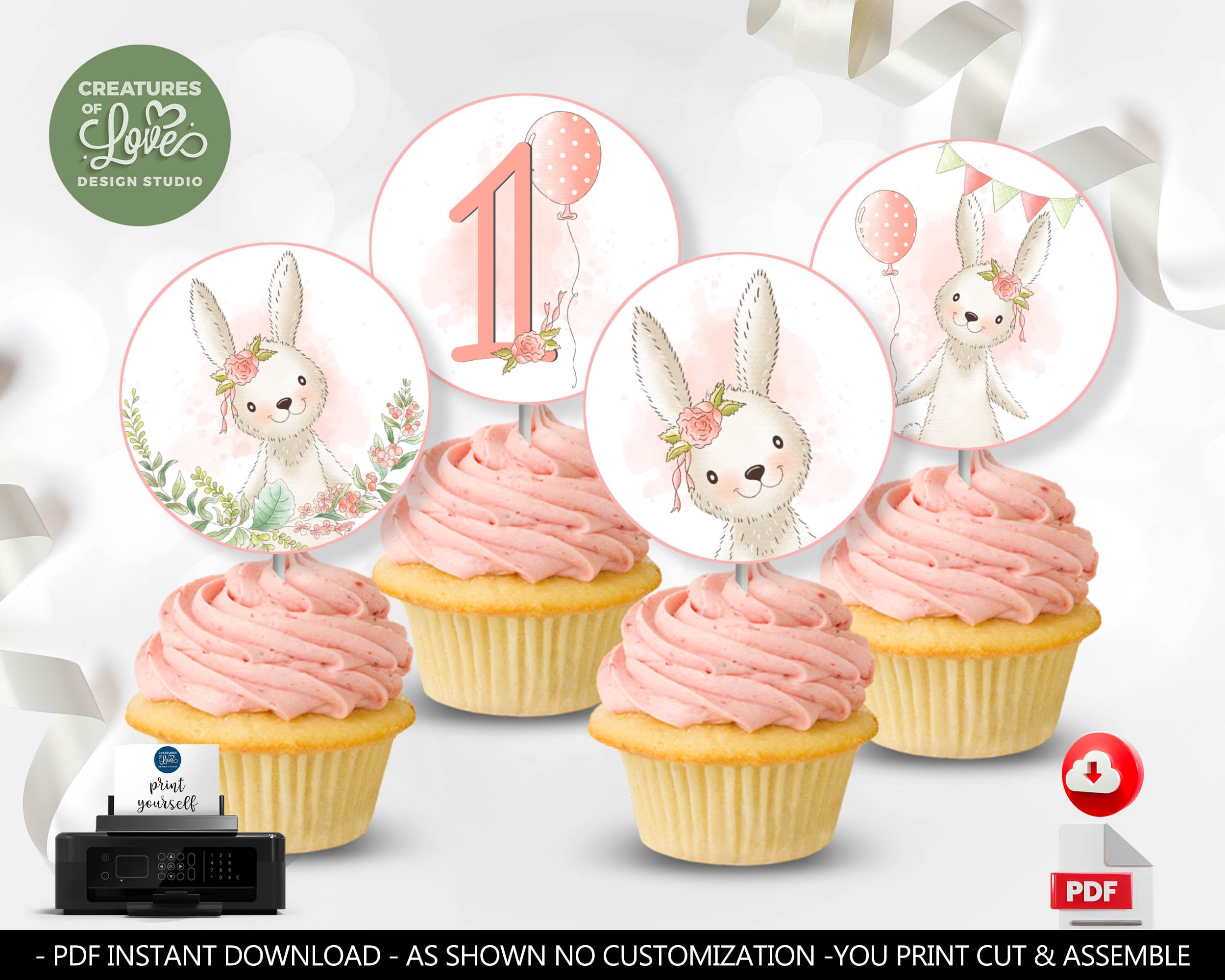 Rabbit Topper Bunny Cupcake Toppers Pink Bunny Floral Cupcake Toppers Spring Blush ...