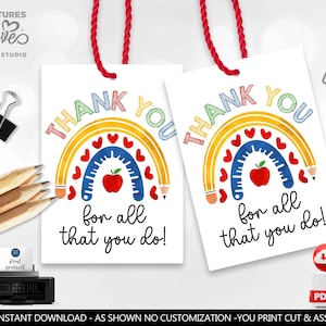 Teacher Appreciation Gift Tags Teacher Thank you Tag Employee Staff Boss School Volunteer Coworker School Rainbow Teacher Favor Printable SA