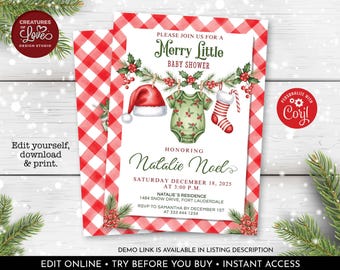 May include: A Christmas-themed baby shower invitation with a red and white gingham border. The invitation features a Santa hat, baby onesie, and stocking hanging on a clothesline. The text reads "Merry Little Baby Shower" and includes event details.