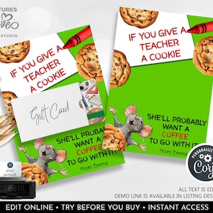 Editable Teacher Appreciation Gift Card Holder Thank you School Staff Coworker Cookie Coffee Gift Card Holder Printable Download GCH SA