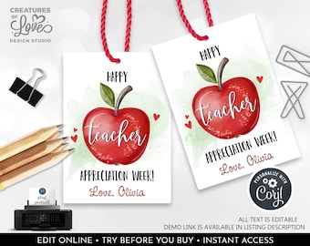 EDITABLE Teacher Appreciation Gift Tag Apple Favor Tag School Employee Staff Boss Student PTA Volunteer Nurse Principal Printable Tags SA