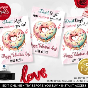 Printable Donut Valentine&#39;s Cards Donuts Valentine Tag Valentines day kids Cards Classroom Valentine Cards School Exchange Personalized VL