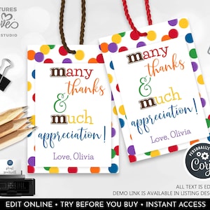 EDITABLE Many Thanks and Much Appreciation Gift Tag Teacher Appreciation Employee Staff Boss Student School PTA Volunteer Nurse Gift Tags SA