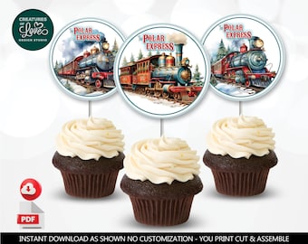 May include: Three cupcake toppers featuring a vintage illustration of a red and blue train with the text "The Polar Express". The toppers are printed on white cardstock with a blue border.