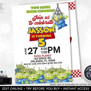 May include: A birthday invitation card featuring a green three-eyed alien character being lifted by a claw machine. The text reads: YOU HAVE BEEN CHOSEN! Join us to celebrate JASSON IS TURNING 5, JUNE 27 4:00 PM 7:00 PM, PIZZA PLANET 123 SPACE RD. ORLANDO, FL 12345.