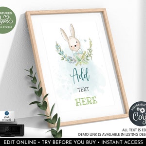 May include: Printable sign featuring a watercolor illustration of a bunny wearing a blue bow tie and surrounded by green foliage. The text "Add Text Here" is written in a white font on a blue background.