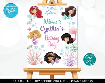 Editable Mermaid Welcome Sign Little Mermaid Birthday Sign Under the Sea Welcome Board Mermaid Party Decor Template PRINTABLE Corjl USM