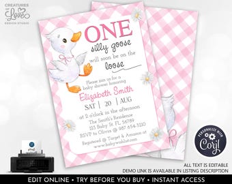 Silly Goose Baby Shower Invitation Girl Pink Baby Goose Shower Invite Mother Goose Baby Shower Daisy Pink Gingham Baby Shower Printable OSG