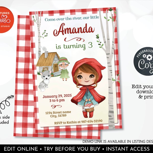 Little Red Riding Hood Invitation Editable Red Riding Hood Birthday Party Invite Template Red Hood Wolf Printable Digital Download Corjl RRH