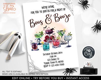 Editable Costumes and Cocktails Halloween Invitation Adult Halloween Boos and Booze Party Invitation Halloween Gothics Invite Template HLW