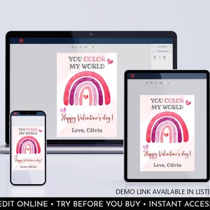 Editable Rainbow Valentine's Day Card You Color My World Kids Cards ...
