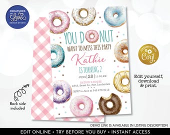Editable Donut Birthday Party Invitation Donut Want to Miss This Party Invite Donut Grow Up Invite Doughnut Birthday Template Download DNT