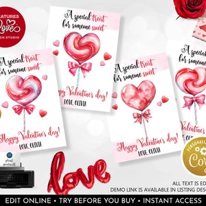 Editable Valentines Day Card Special Treat Sweet Valentine's Day Kids Cards Classroom School Exchange Printable Personalized Tag Template VL