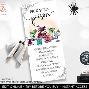 Editable Halloween Menu Pick your Poison Menu Halloween Drinks Spooky Bar Halloween Cocktail Table Halloween Party Bar Digital Printable HLW