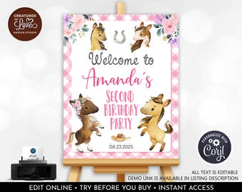 Editable Horse Birthday Welcome Sign Pony Birthday Welcome Sign Cowgirl Party Pink Floral Girl Horse Digital Download Template Printable PLP