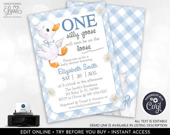 Silly Goose Baby Shower Invitation Boy Blue Baby Goose Shower Invite Mother Goose Baby Shower Invite Daisy Gingham Baby Shower Printable OSG