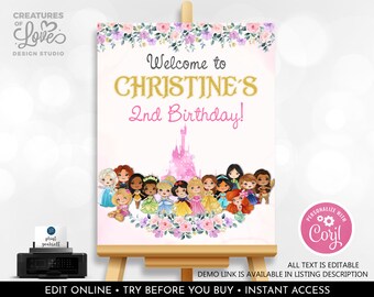May include: A pink and white printable sign with a watercolor floral border. The sign says "Welcome to Christine's 2nd Birthday!" with a gold castle illustration and a group of Disney princess characters.