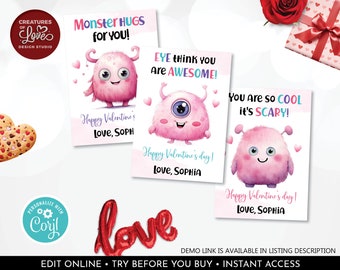 Editable Monster Valentine's Day Cards Monster Valentine Gift Tags Classroom Exchange Kids School Teacher Printable Personalized DIY Card VL