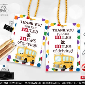 Thank you for the miles and miles of driving School Bus Driver Appreciation Gift Tag Employee Staff Boss Student School PTA Volunteer Chocolate Candy Tag M&M Printable Gift tags Instant download Teacher appreciation Labels Extra Mile Bus Driver Tag