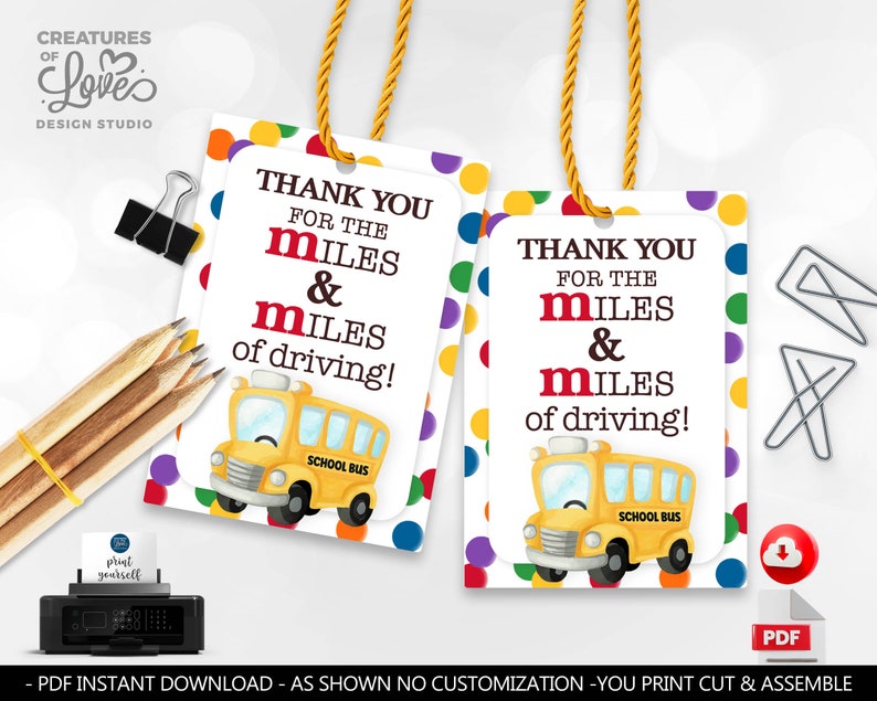 Thank you for the miles and miles of driving School Bus Driver Appreciation Gift Tag Employee Staff Boss Student School PTA Volunteer Chocolate Candy Tag M&M Printable Gift tags Instant download Teacher appreciation Labels Extra Mile Bus Driver Tag