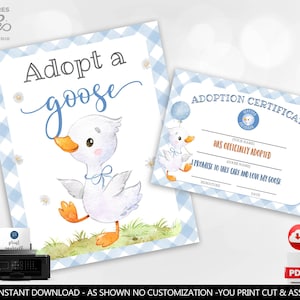 Adopt a Goose Sign Goose Adoption Certificate One Silly Goose Table Decor Blue Silly Goose 1st Birthday Party Sign Boy Printable Digital OSG