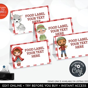 Little Red Riding Hood Food Tent Labels Editable Buffet Tags Girl Party Place Cards Template Printable Digital Instant Download Corjl RRH