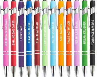 Set of 12 Offensive retractable ball point pens. Refillable pens with stylus. Perfect gift for people with sense of humor.