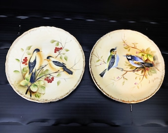 Juego de dos platos vintage pintados a mano de Enesco Japón con borde dorado/21 cm/motivo de pájaro/años 40-60