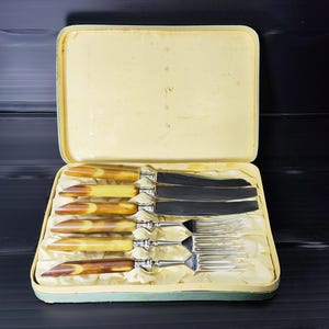 Art Deco cutlery set 6 pieces from Solingen/ fork and knife with Bakelite handles/ fine steel/ 1920-30s