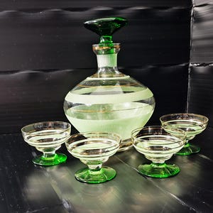 Art Deco Liqueur Set G.L Pastel Ice Glass/ Mouth Blown Carafe and 4 Liqueur Glasses/ Shot Glasses/ Vintage from the 1930s-50s